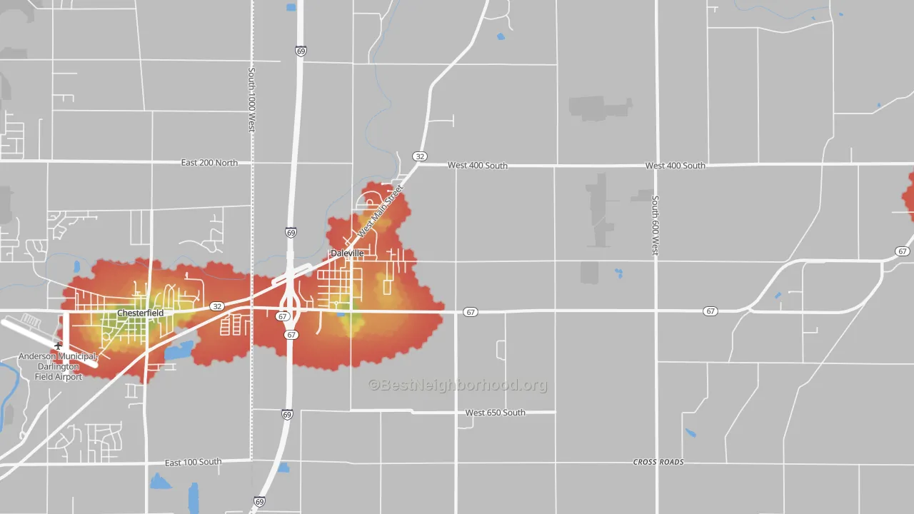 Walk Grade map of Daleville, IN, walkable areas in green and car-dependent areas in red
