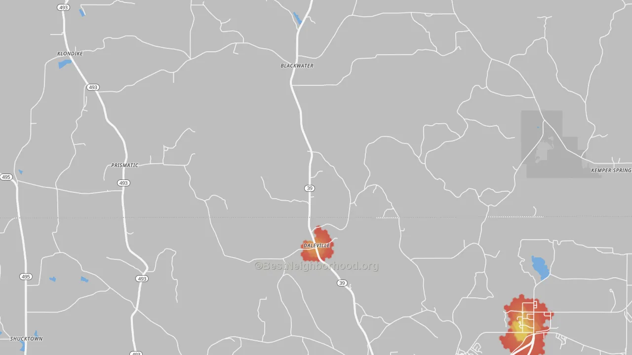 Walk Grade map of Daleville, MS, walkable areas in green and car-dependent areas in red