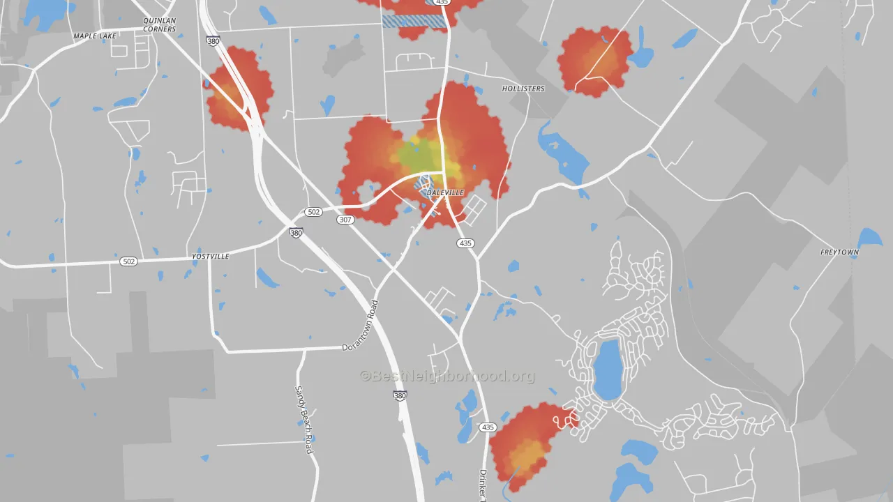Walk Grade map of Daleville, PA, walkable areas in green and car-dependent areas in red