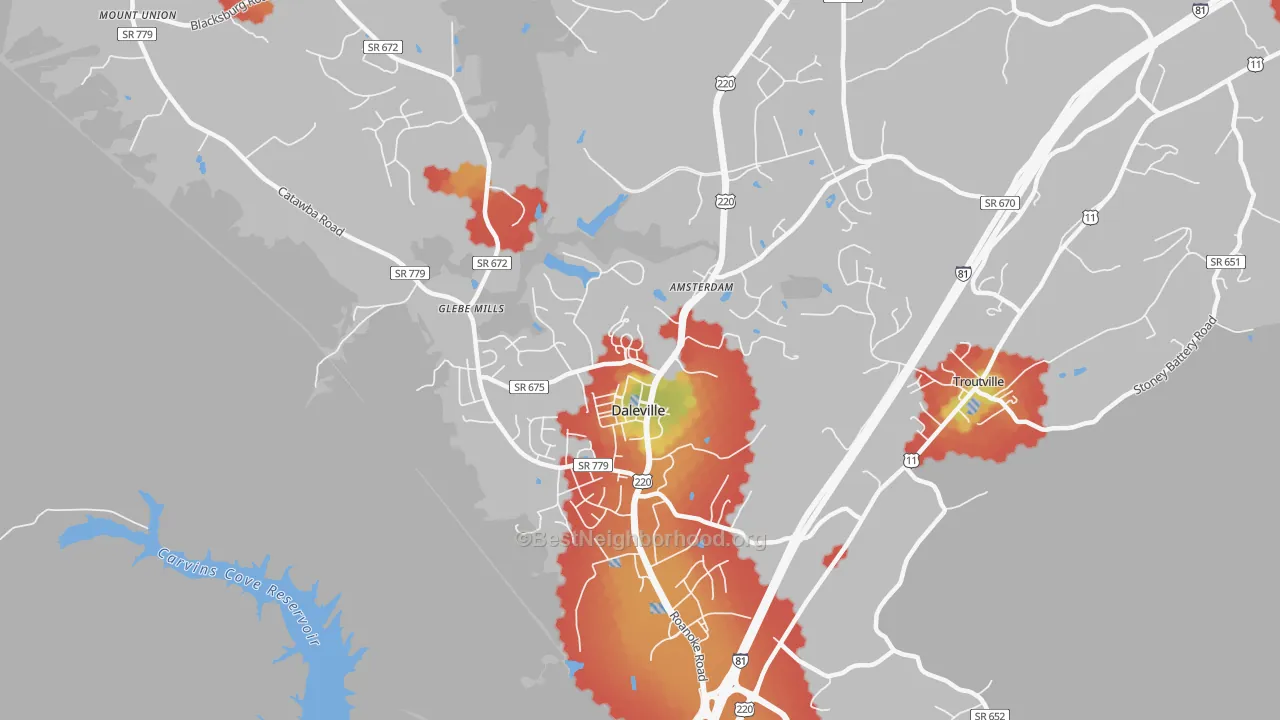 Walk Grade map of Daleville, VA, walkable areas in green and car-dependent areas in red