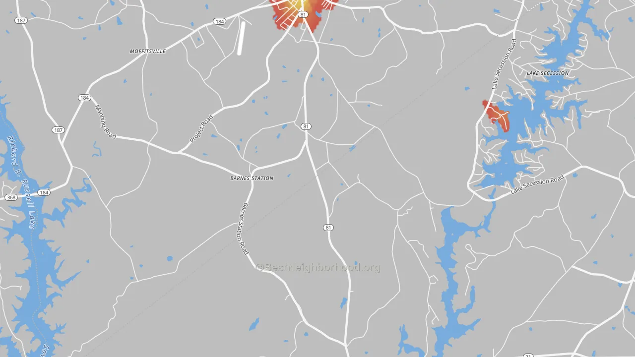 Walk Grade map of Dalewood, SC, walkable areas in green and car-dependent areas in red