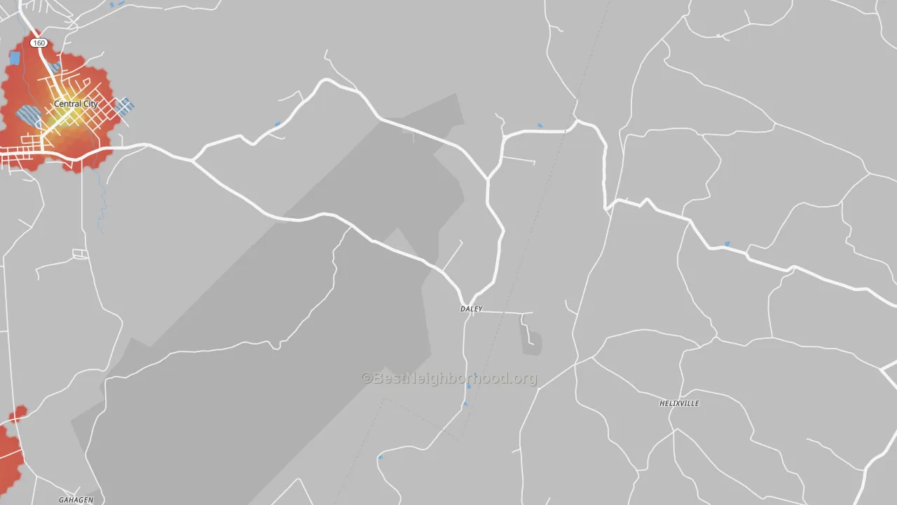 Walk Grade map of Daley, PA, walkable areas in green and car-dependent areas in red