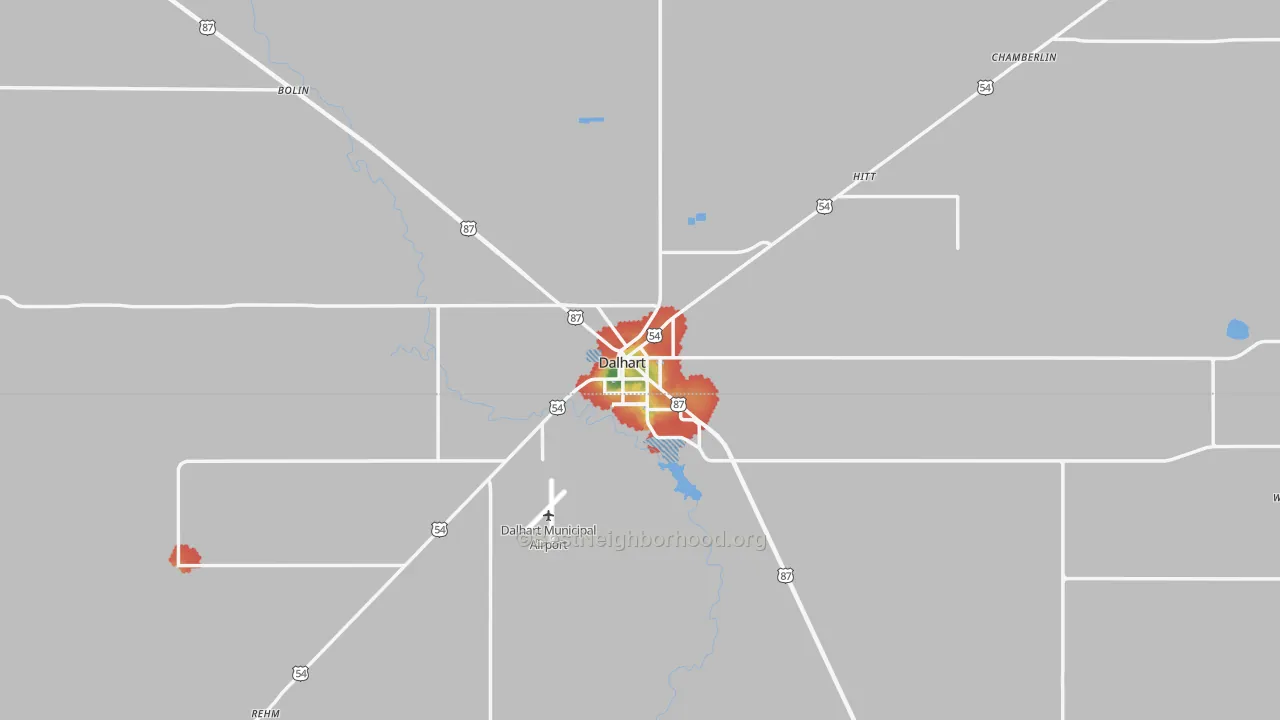 Walk Grade map of Dalhart, TX, walkable areas in green and car-dependent areas in red