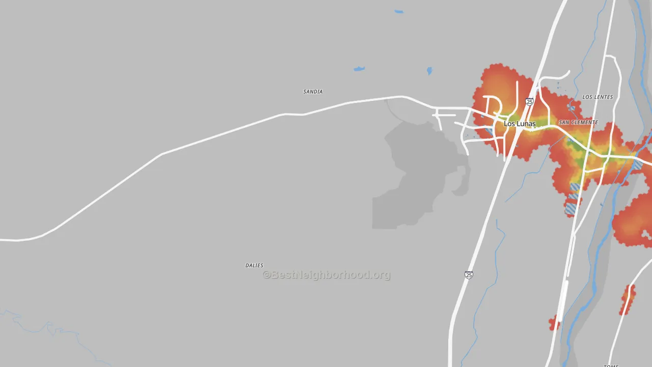 Walk Grade map of Dalies, NM, walkable areas in green and car-dependent areas in red