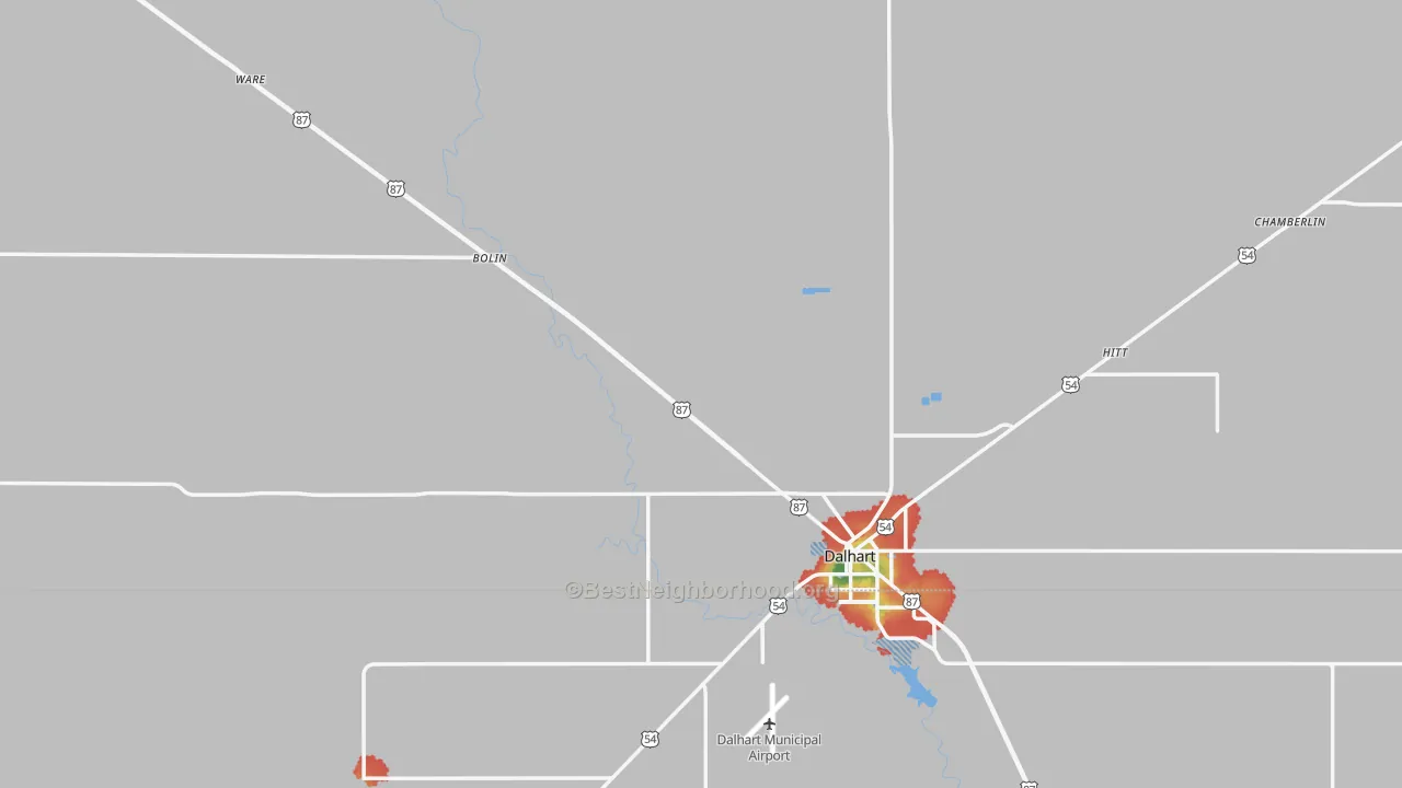 Walk Grade map of Dallam County, TX, walkable areas in green and car-dependent areas in red