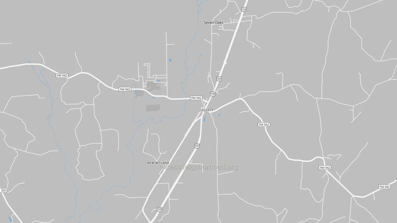 Walk Grade map of Dallardsville, TX, walkable areas in green and car-dependent areas in red