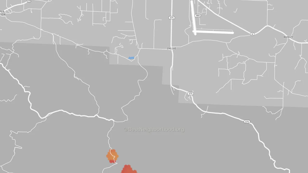 Walk Grade map of Dallas, AR, walkable areas in green and car-dependent areas in red