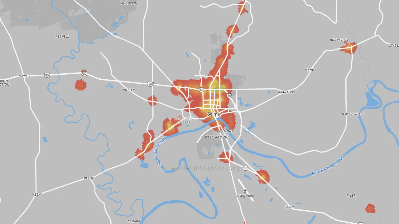 Walk Grade map of Dallas County, AL, walkable areas in green and car-dependent areas in red