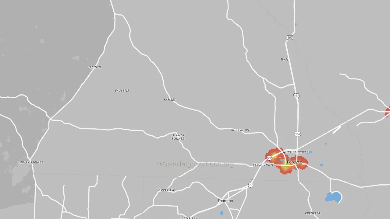 Walk Grade map of Dallas County, AR, walkable areas in green and car-dependent areas in red