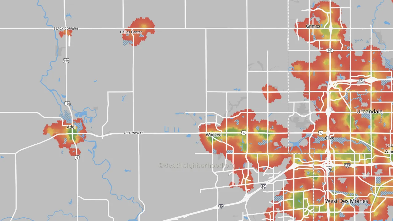Walk Grade map of Dallas County, IA, walkable areas in green and car-dependent areas in red