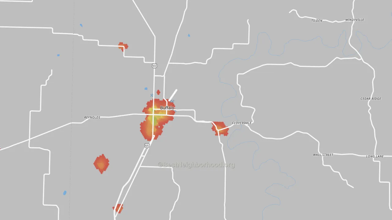 Walk Grade map of Dallas County, MO, walkable areas in green and car-dependent areas in red