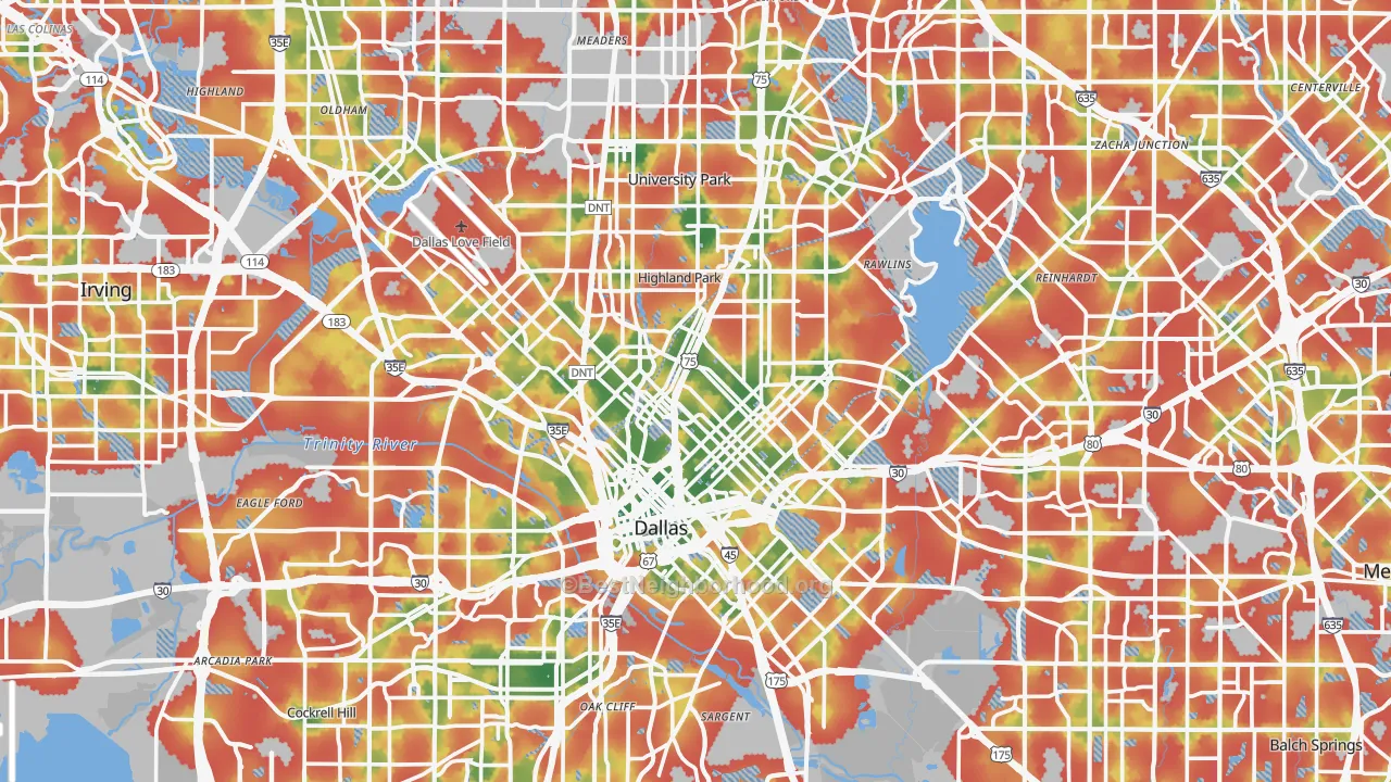 Walk Grade map of Dallas County, TX, walkable areas in green and car-dependent areas in red