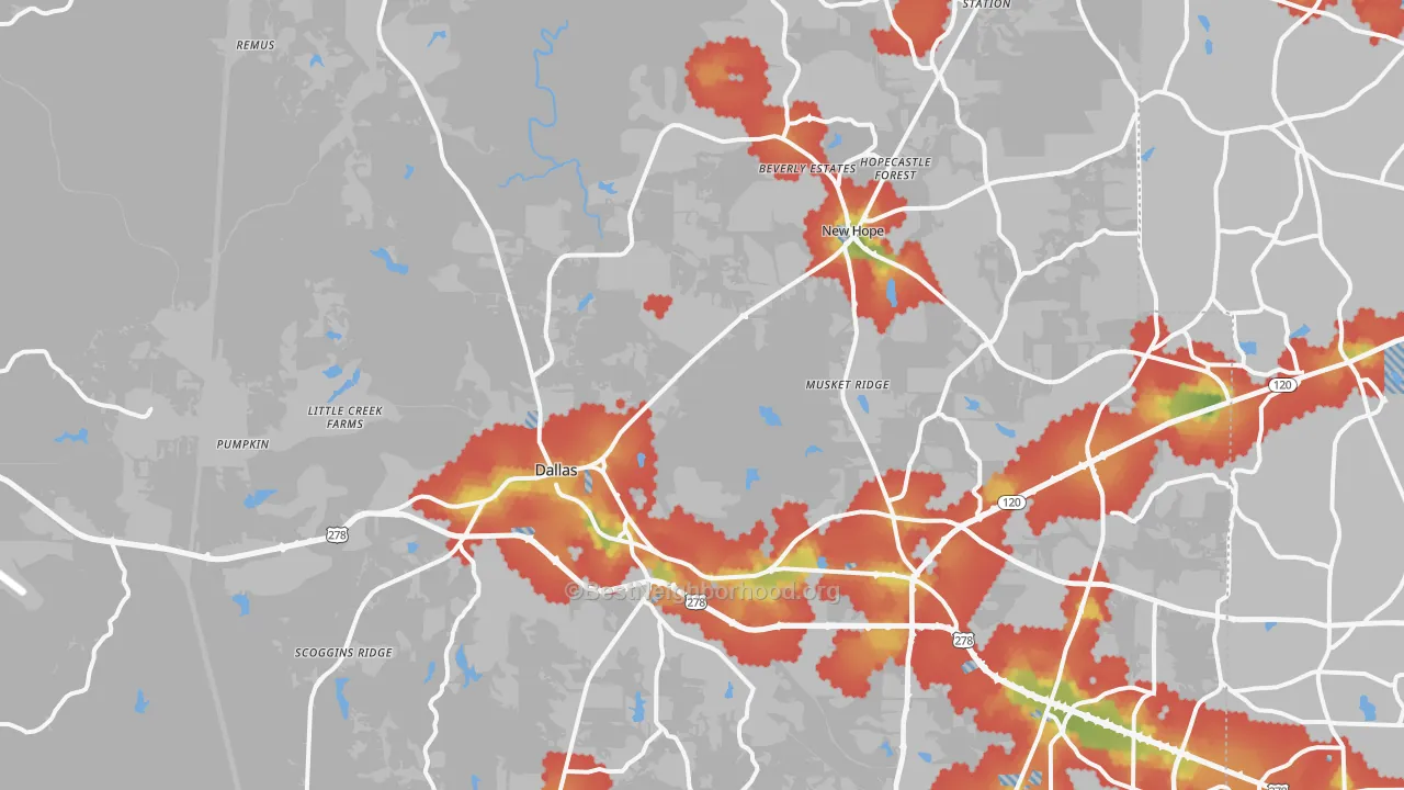 Walk Grade map of Dallas, GA, walkable areas in green and car-dependent areas in red