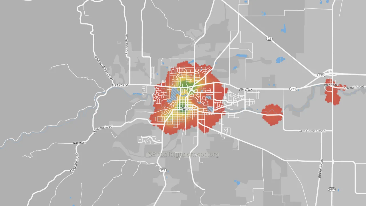 Walk Grade map of Dallas, OR, walkable areas in green and car-dependent areas in red