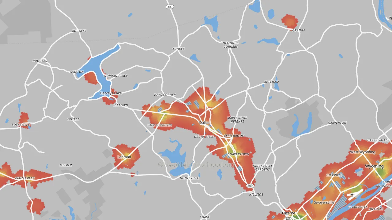 Walk Grade map of Dallas, PA, walkable areas in green and car-dependent areas in red
