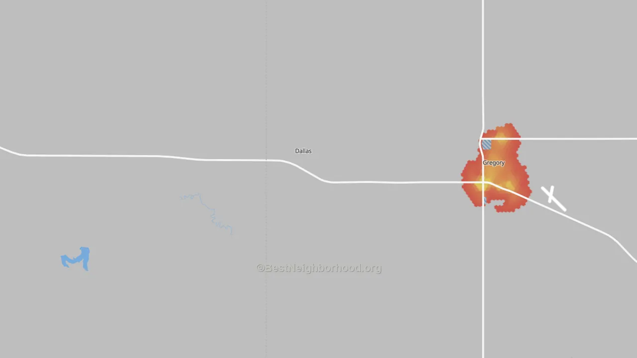 Walk Grade map of Dallas, SD, walkable areas in green and car-dependent areas in red