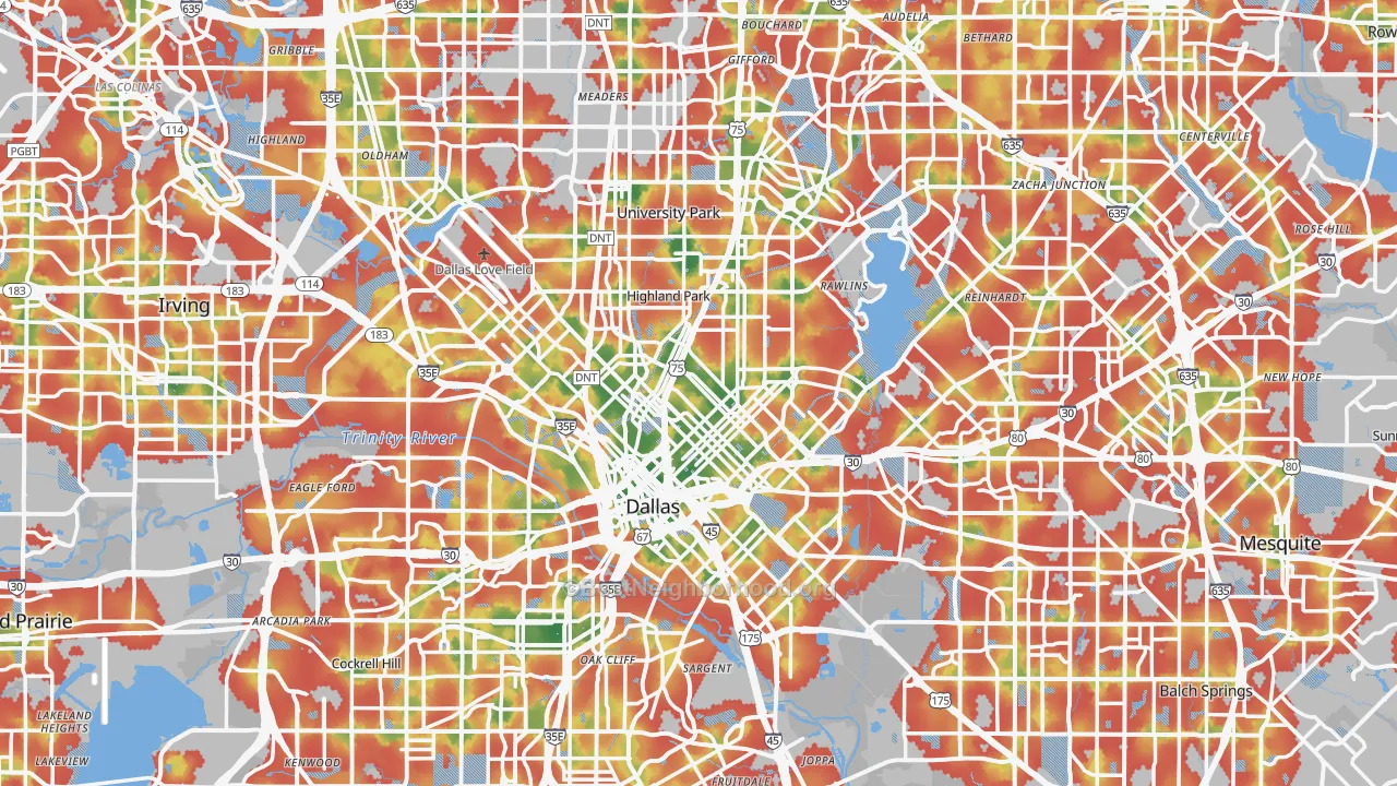 Walk Grade map of Dallas, TX, walkable areas in green and car-dependent areas in red
