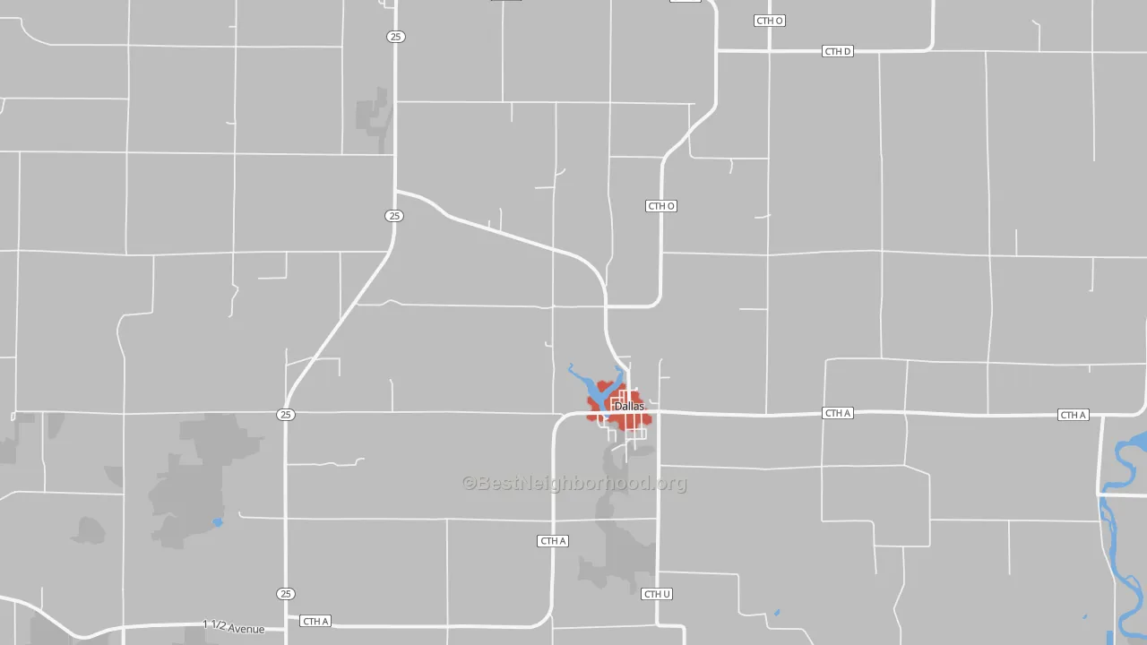 Walk Grade map of Dallas, WI, walkable areas in green and car-dependent areas in red