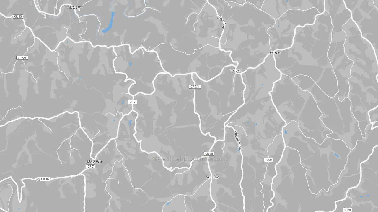 Walk Grade map of Dallas, WV, walkable areas in green and car-dependent areas in red