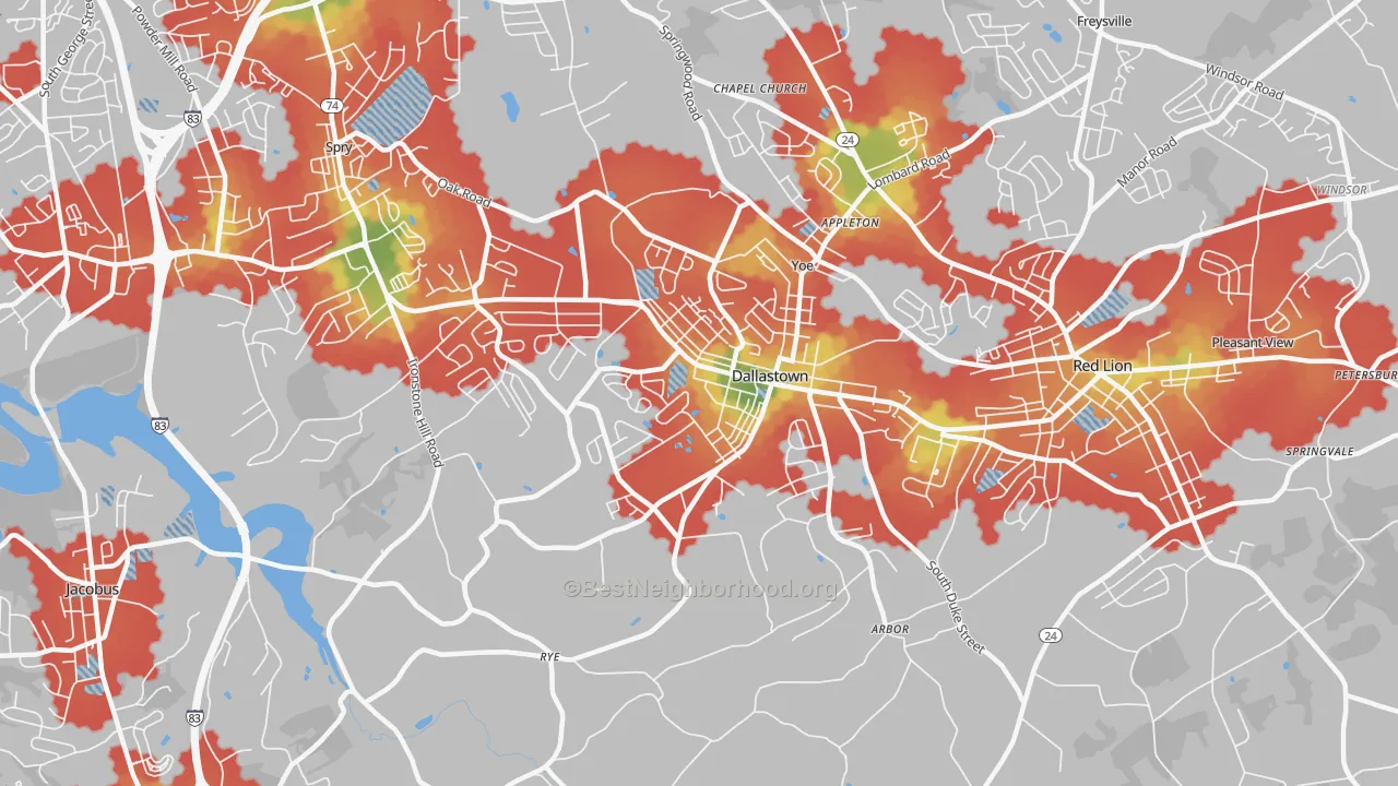 Walk Grade map of Dallastown, PA, walkable areas in green and car-dependent areas in red