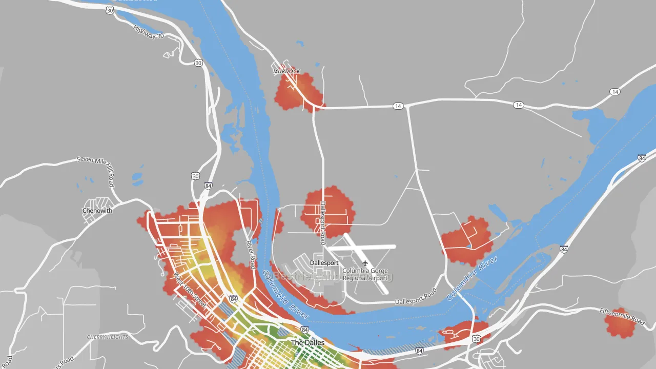 Walk Grade map of Dallesport, WA, walkable areas in green and car-dependent areas in red