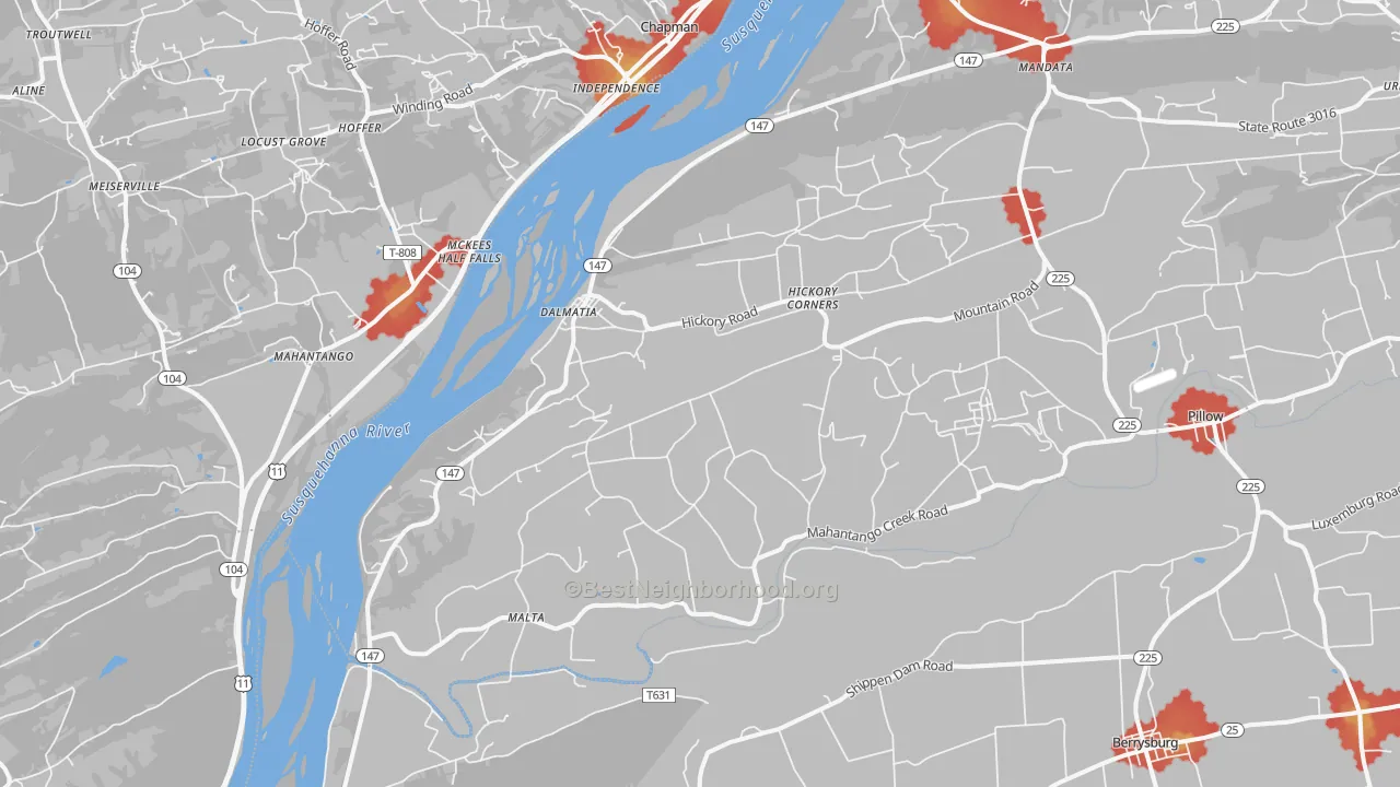 Walk Grade map of Dalmatia, PA, walkable areas in green and car-dependent areas in red
