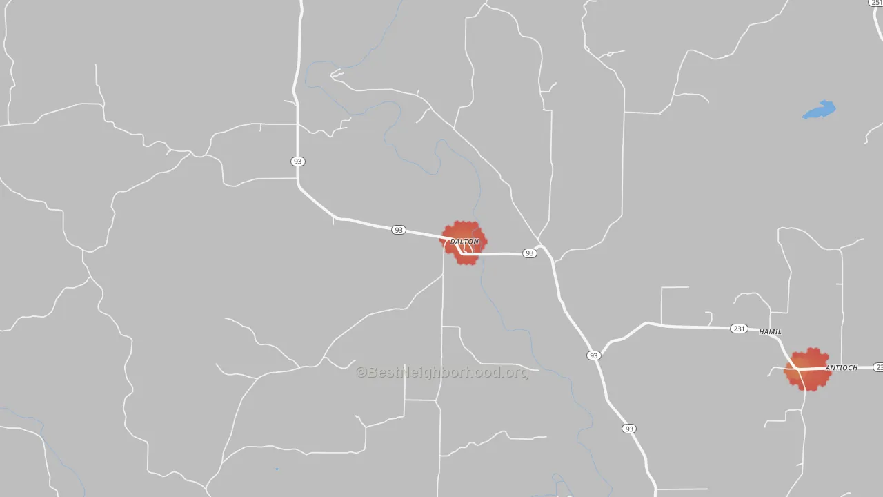 Walk Grade map of Dalton, AR, walkable areas in green and car-dependent areas in red