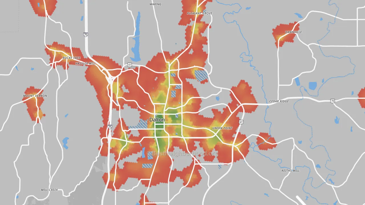 Walk Grade map of Dalton, GA, walkable areas in green and car-dependent areas in red