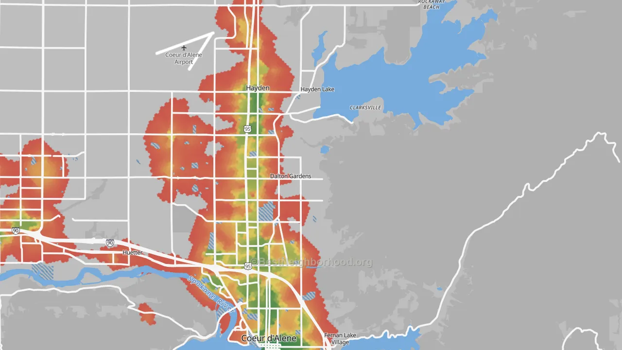 Walk Grade map of Dalton Gardens, ID, walkable areas in green and car-dependent areas in red