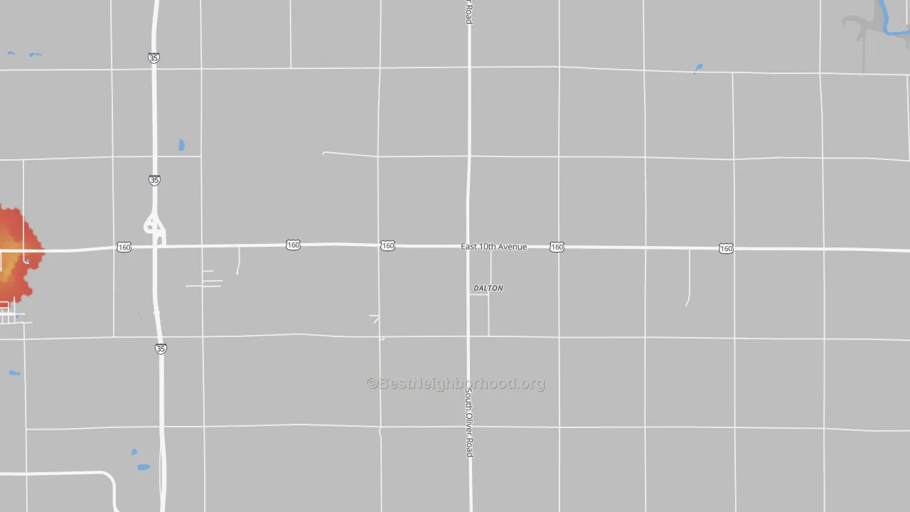 Walk Grade map of Dalton, KS, walkable areas in green and car-dependent areas in red