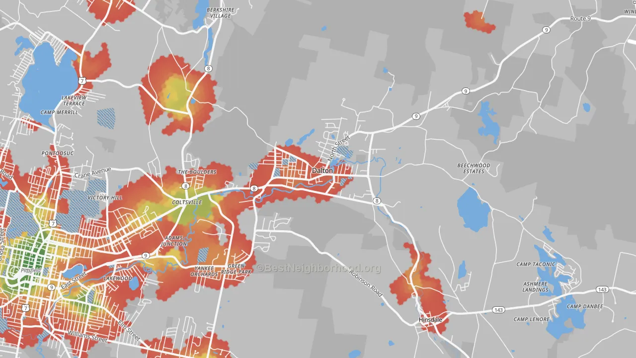 Walk Grade map of Dalton, MA, walkable areas in green and car-dependent areas in red