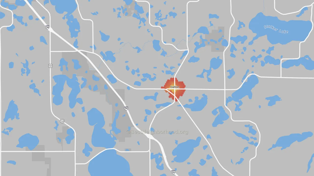 Walk Grade map of Dalton, MN, walkable areas in green and car-dependent areas in red