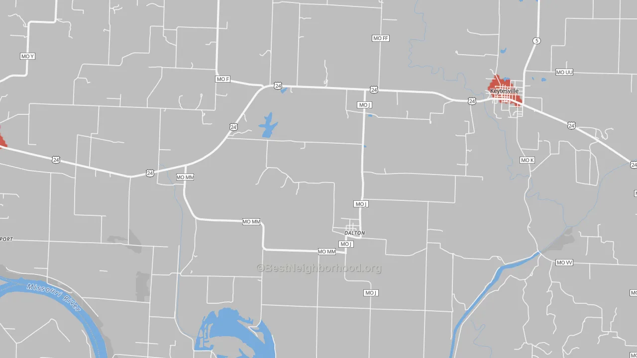 Walk Grade map of Dalton, MO, walkable areas in green and car-dependent areas in red