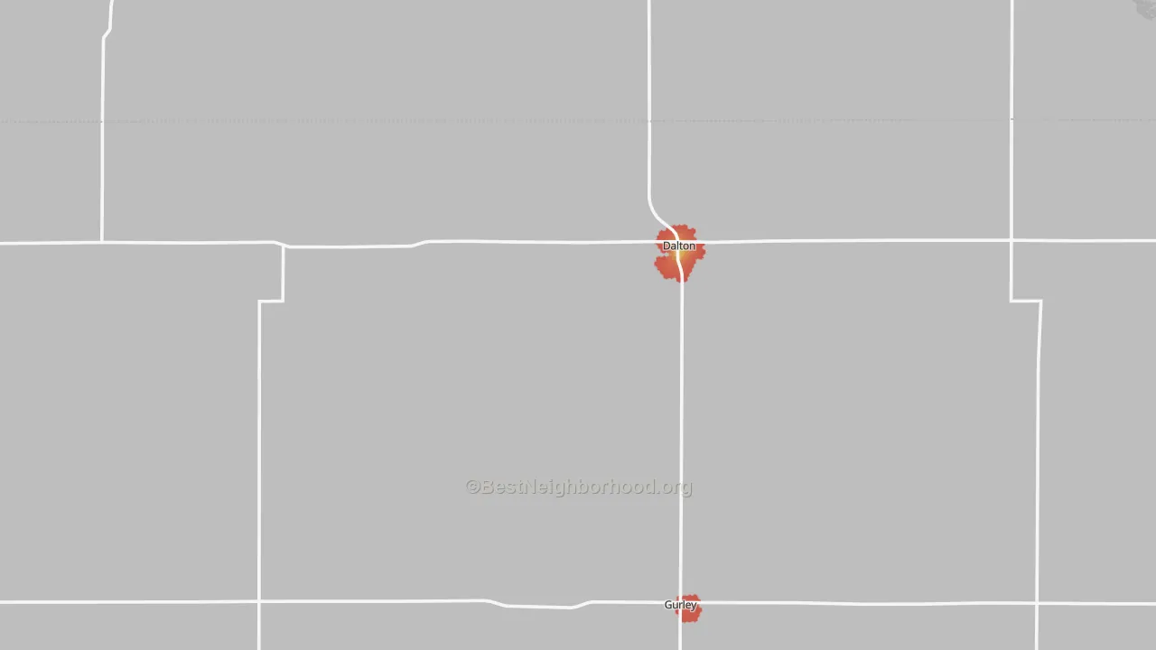 Walk Grade map of Dalton, NE, walkable areas in green and car-dependent areas in red