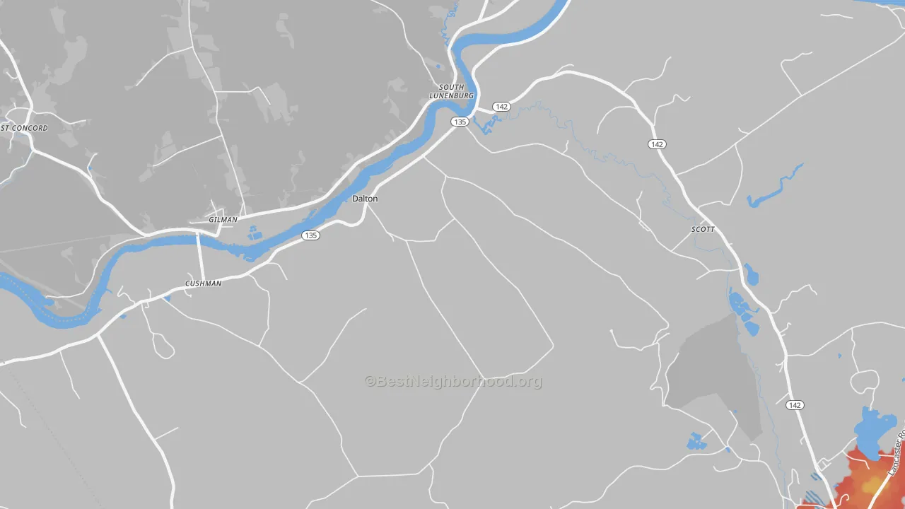 Walk Grade map of Dalton, NH, walkable areas in green and car-dependent areas in red