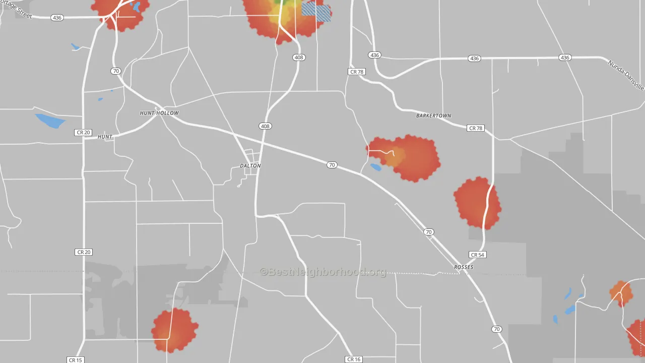 Walk Grade map of Dalton, NY, walkable areas in green and car-dependent areas in red