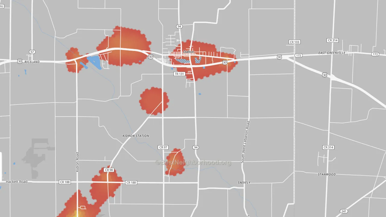 Walk Grade map of Dalton, OH, walkable areas in green and car-dependent areas in red