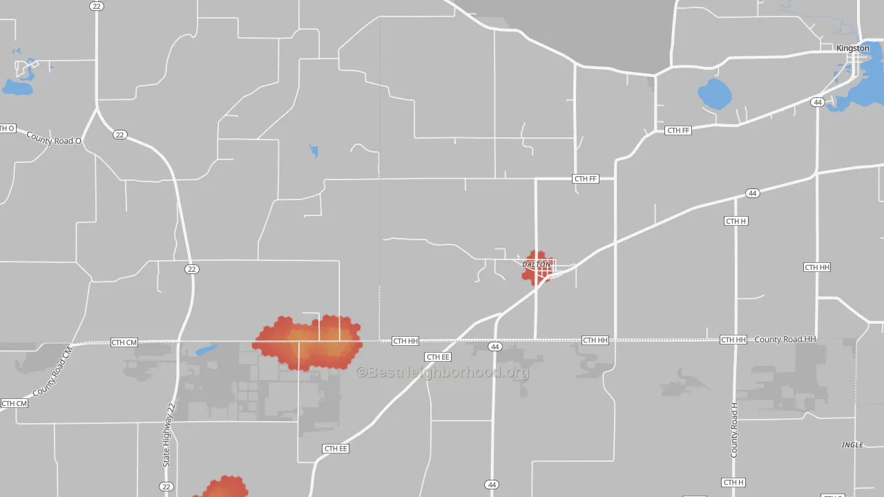 Walk Grade map of Dalton, WI, walkable areas in green and car-dependent areas in red