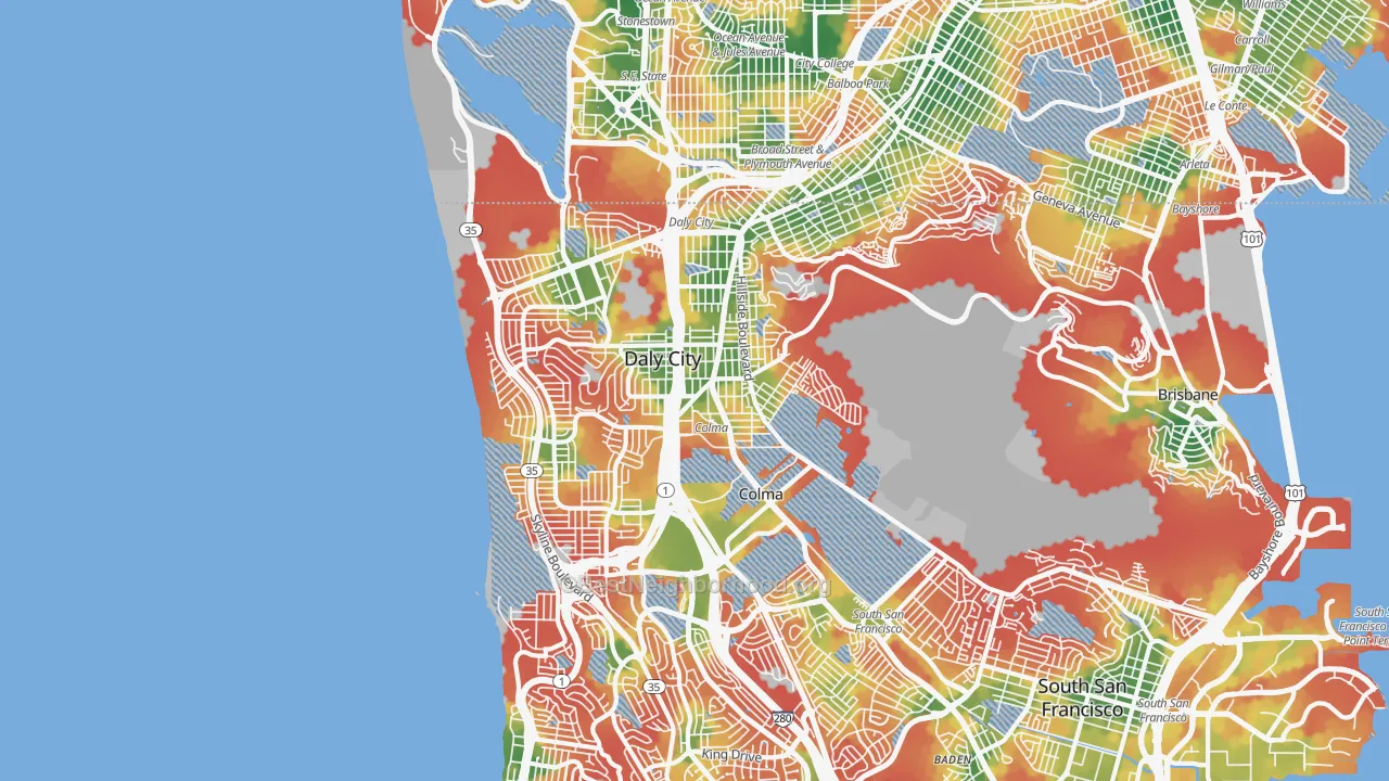 Walk Grade map of Daly City, CA, walkable areas in green and car-dependent areas in red