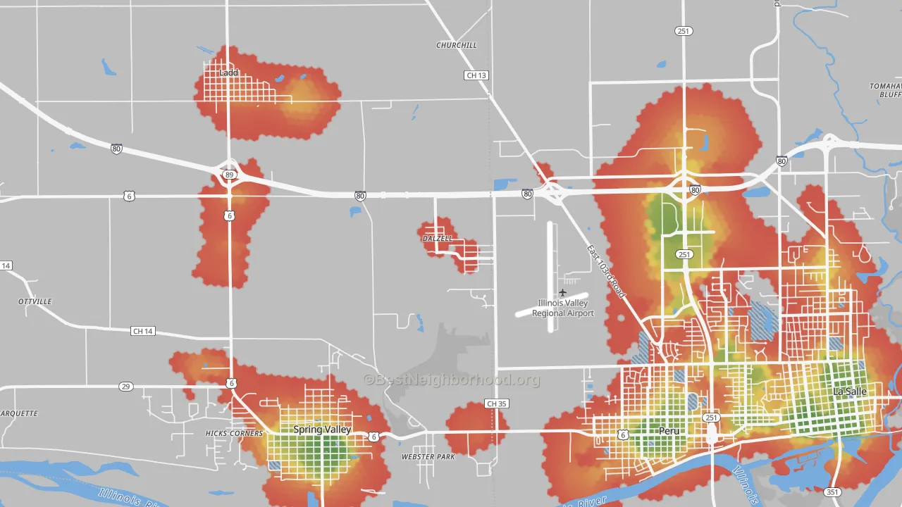 Walk Grade map of Dalzell, IL, walkable areas in green and car-dependent areas in red
