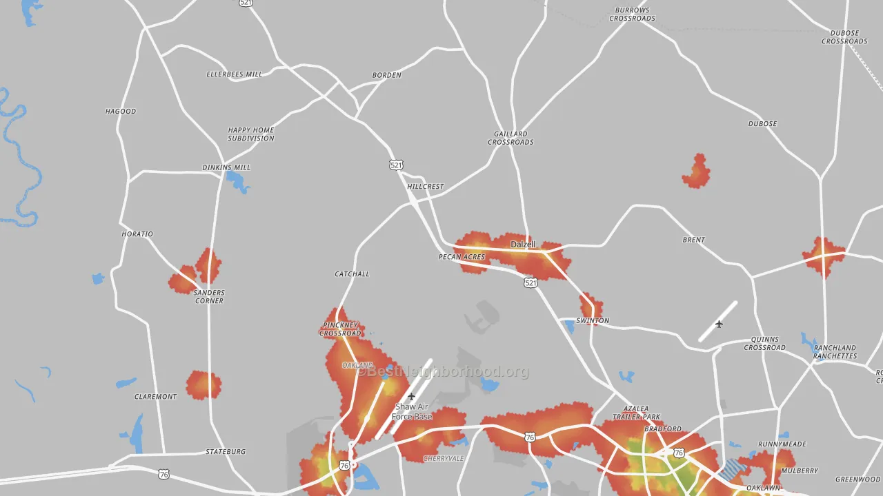 Walk Grade map of Dalzell, SC, walkable areas in green and car-dependent areas in red