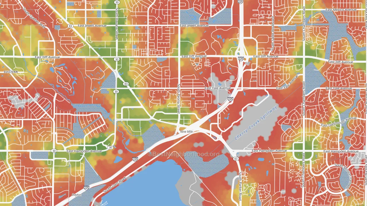 Walk Grade map of Dam East-West, Aurora, CO, walkable areas in green and car-dependent areas in red