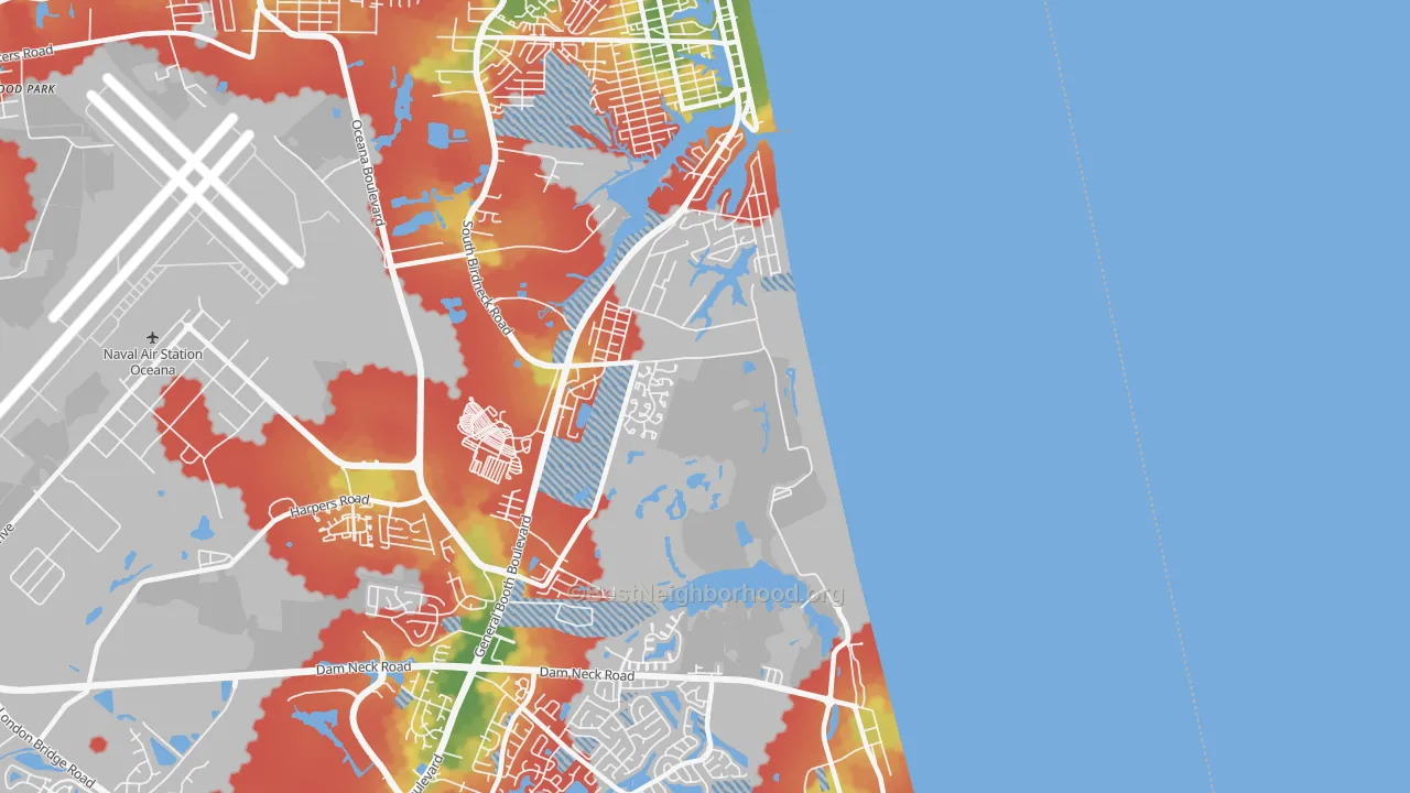 Walk Grade map of Dam Neck Naval Air Station, Virginia Beach, VA, walkable areas in green and car-dependent areas in red