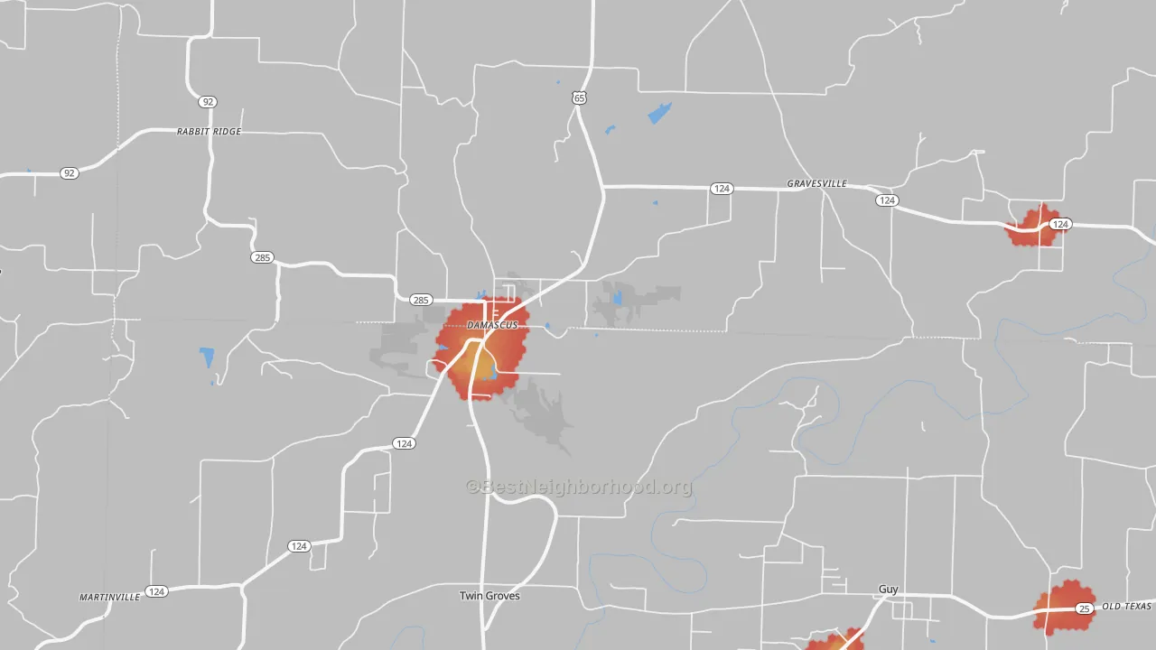 Walk Grade map of Damascus, AR, walkable areas in green and car-dependent areas in red