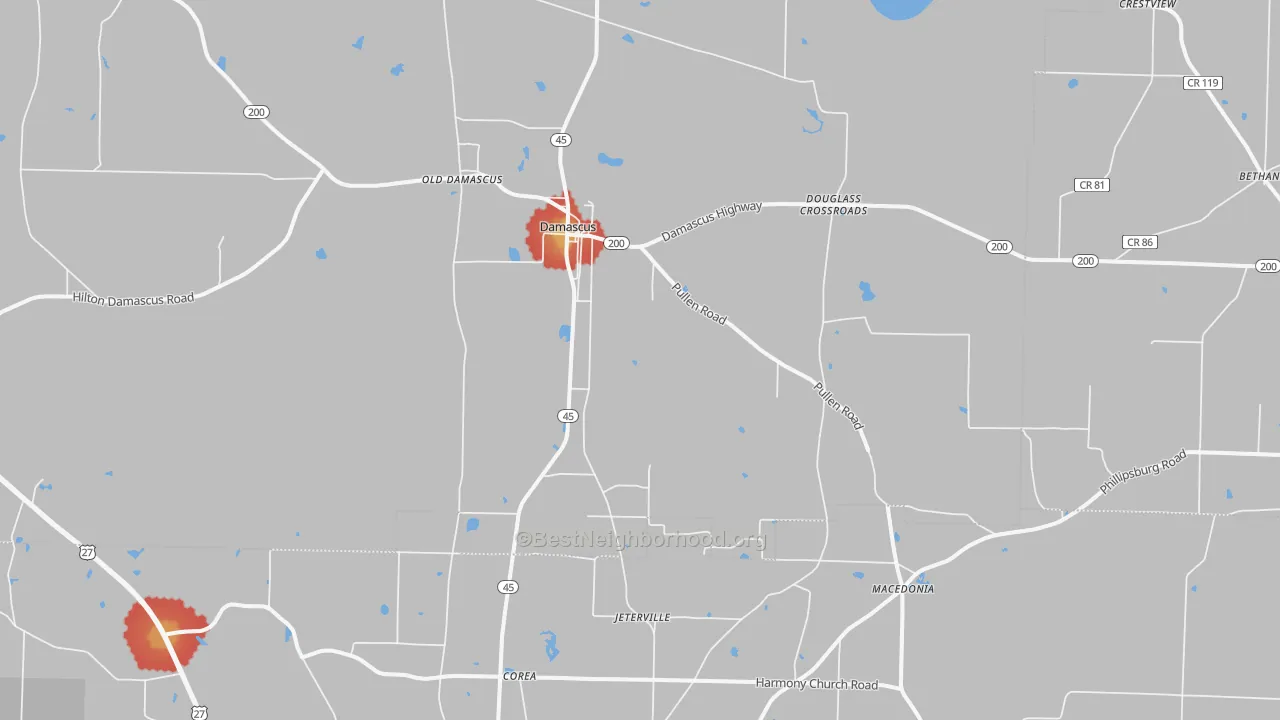 Walk Grade map of Damascus, GA, walkable areas in green and car-dependent areas in red