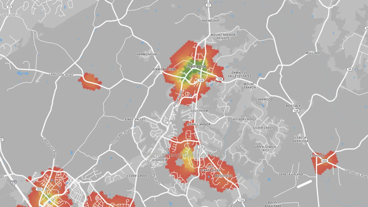 Walk Grade map of Damascus, MD, walkable areas in green and car-dependent areas in red