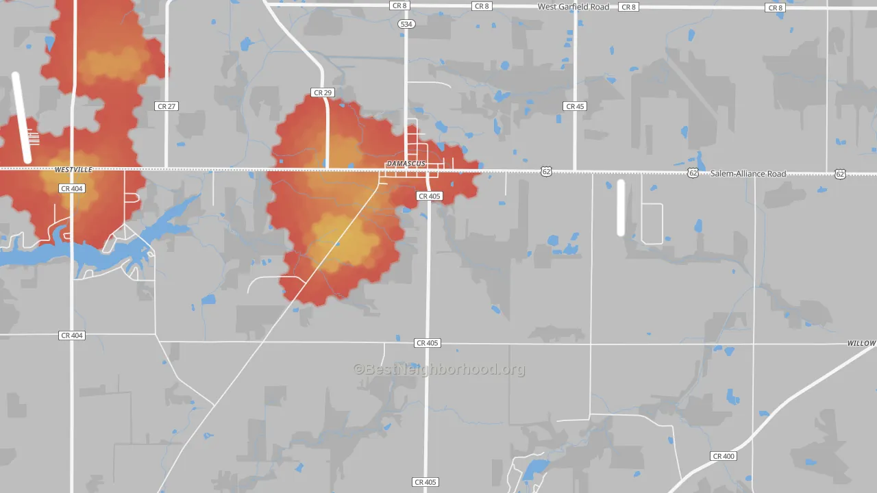 Walk Grade map of Damascus, OH, walkable areas in green and car-dependent areas in red