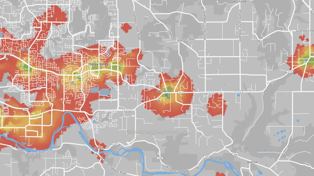 Walk Grade map of Damascus, OR, walkable areas in green and car-dependent areas in red