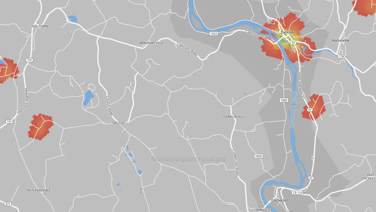 Walk Grade map of Damascus, PA, walkable areas in green and car-dependent areas in red