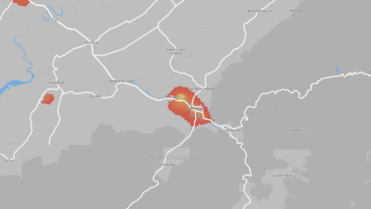 Walk Grade map of Damascus, VA, walkable areas in green and car-dependent areas in red